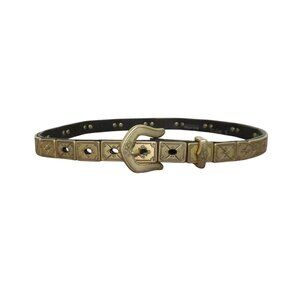 Womens Thin Metal Gold Belt Size 26-29 On Leather Strap